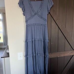 Elegant Blue Ruffle Maxi Dress
